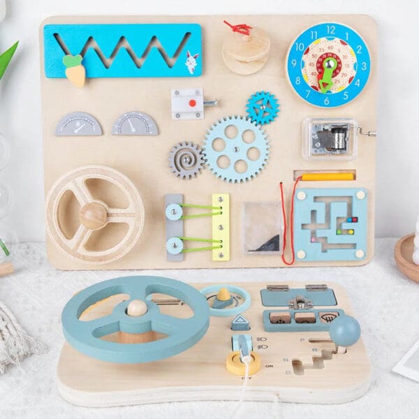 Wholesale Wooden Busy Board Montessori Sensory Activity Toy for Kids Car Steering Wheel and Locking Features Dropshipping