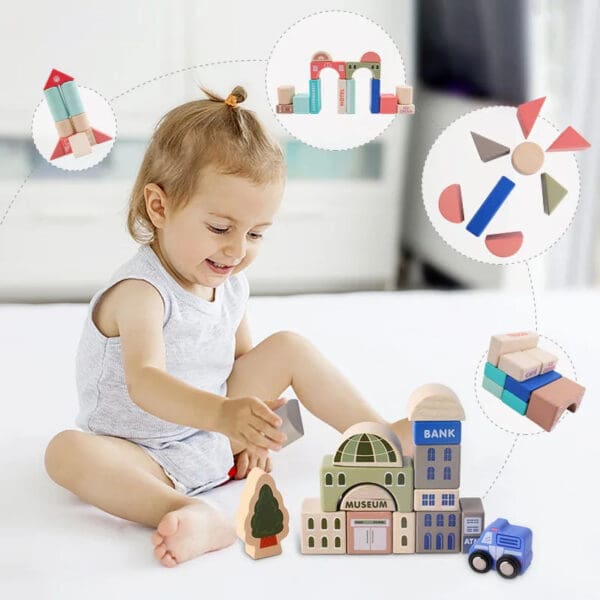 Wholesale Wooden Building Blocks Toy Macaron City Construction Blocks Educational Toy for Kids Montessori Urban Traffic Fun - Image 3