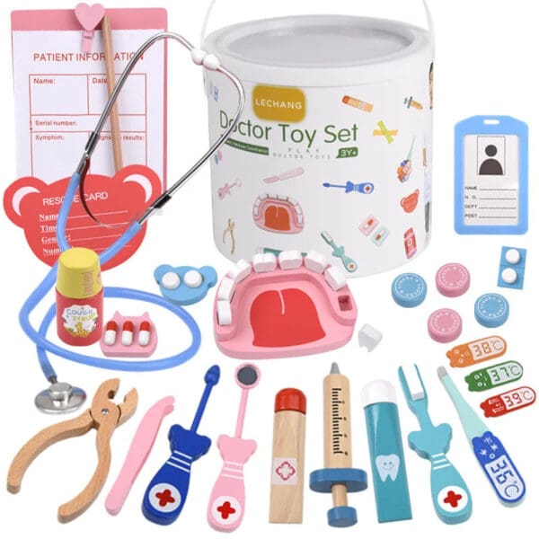 Wholesale Wooden Pretend Play Toys Bucket Doctor Play Set for Kids Role Playing Nurse Stethoscope Simulation Wooden Toys - Image 3