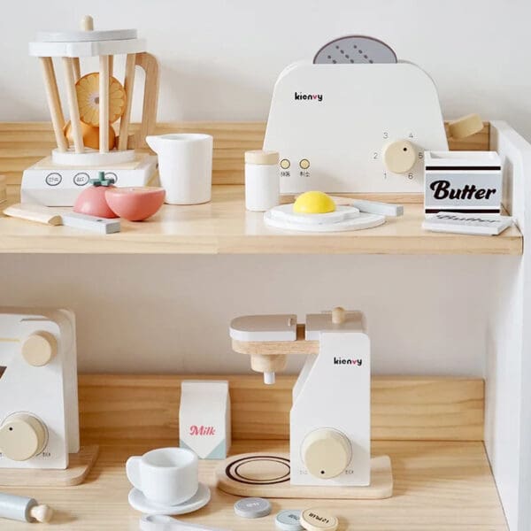 Wholesale Baby Role Play Toy Wooden Kitchen Set with Toaster Juicer Coffee Machine and Cutting Fruits Vegetables for Kids Fun - Image 4