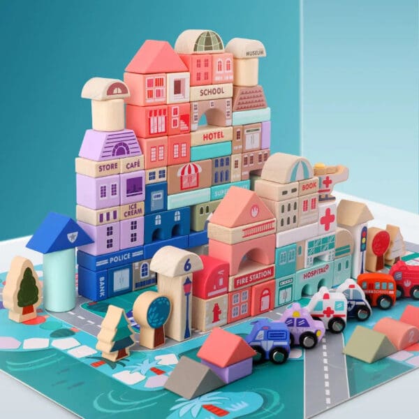 Wholesale Wooden Building Blocks Toy Macaron City Construction Blocks Educational Toy for Kids Montessori Urban Traffic Fun