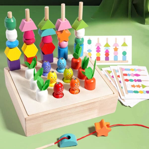 Wholesale Wooden Lacing Beads Fishing Radish Set Montessori Educational Toy for Kids Sequencing Stacking Block and Color Sorting