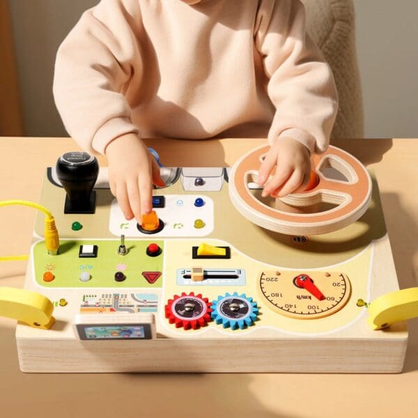 Wholesale Wooden Busy Board for Toddlers Montessori Steering Wheel Toy with LED Lights Educational Sensory Learning Fun - Image 2