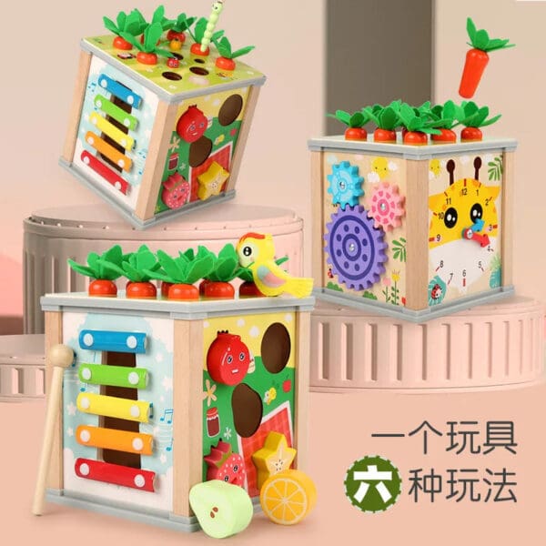 Wholesale Wooden Activity Cubes 6 in 1 Multifunctional Educational Toys Shape Matching Music and Pull Carrot for Kids - Image 2