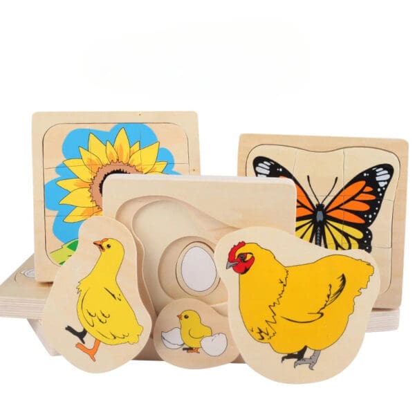 Wholesale Wooden Jigsaw Puzzle 3D Layered Growth Process Educational Toy for Kids Animal and Plant Life Cycle Dropshipping