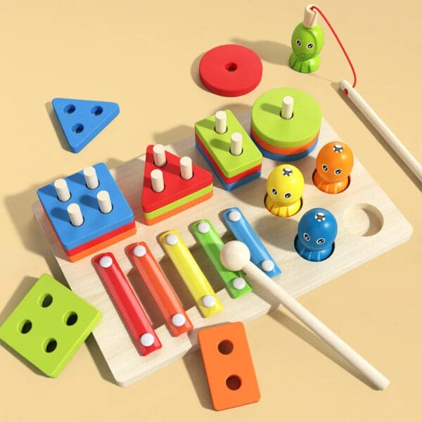 Wholesale Wooden Stacking Block Toys Fishing, Stacking, and Xylophone Educational Toy for Kids Color and Shape Recognition - Image 2