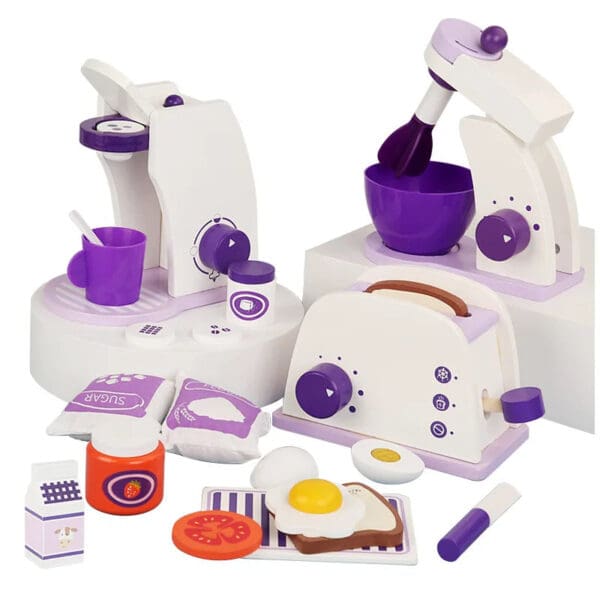 Wholesale Wooden Pretend Play Toys Purple Bread Machine Coffee Maker and Mixer Set Educational Toy for Kids Dropshipping - Image 5