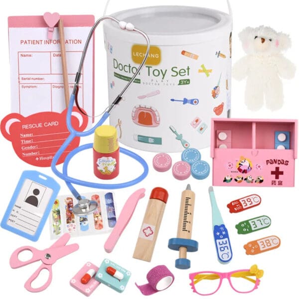 Wholesale Wooden Pretend Play Toys Bucket Doctor Play Set for Kids Role Playing Nurse Stethoscope Simulation Wooden Toys - Image 4