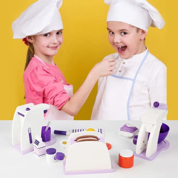 Wholesale Wooden Pretend Play Toys Purple Bread Machine Coffee Maker and Mixer Set Educational Toy for Kids Dropshipping - Image 2