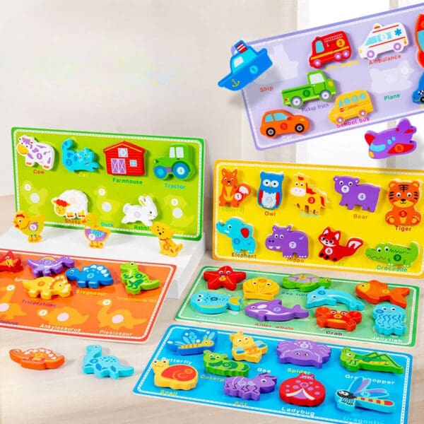 Wholesale Wooden Blocks Puzzle with Magic Sticker Educational Toy for Kids Number Animal Traffic Matching Board Montessori Fun