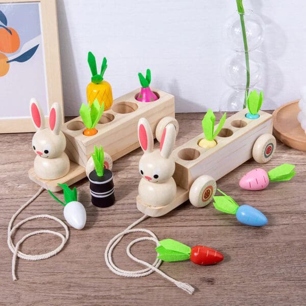 Wholesale Wooden Carrot Harvest Toy 2-in-1 Educational Toy for Kids Pulling Carrot Rabbit Cart and Matching Fruits Dropshipping