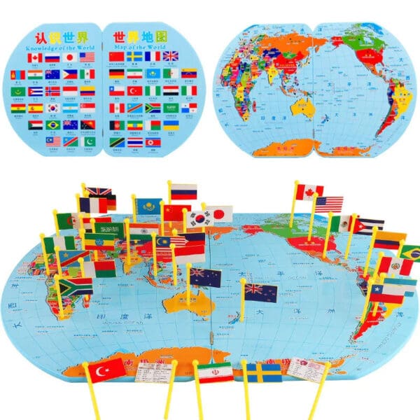 Wholesale Wooden World Map Toy 3D Educational Toy with 36 Country Flags for Kids Geographical Knowledge Dropshipping