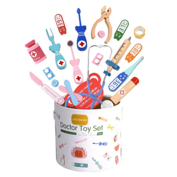 Wholesale Wooden Pretend Play Toys Bucket Doctor Play Set for Kids Role Playing Nurse Stethoscope Simulation Wooden Toys - Image 2