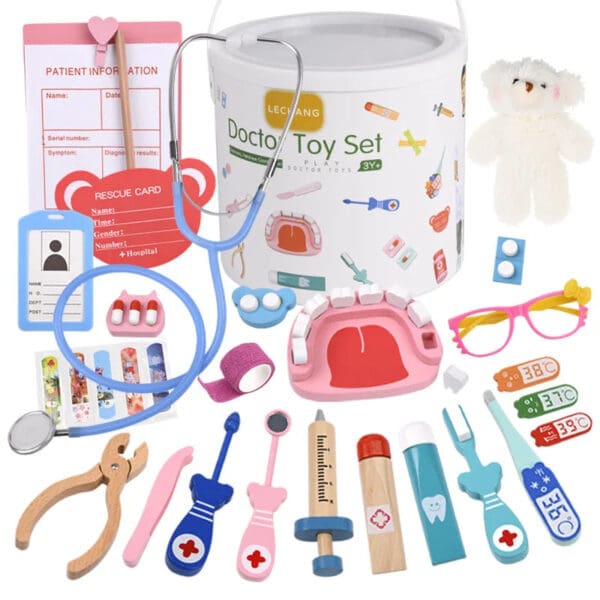 Wholesale Wooden Pretend Play Toys Bucket Doctor Play Set for Kids Role Playing Nurse Stethoscope Simulation Wooden Toys - Image 5