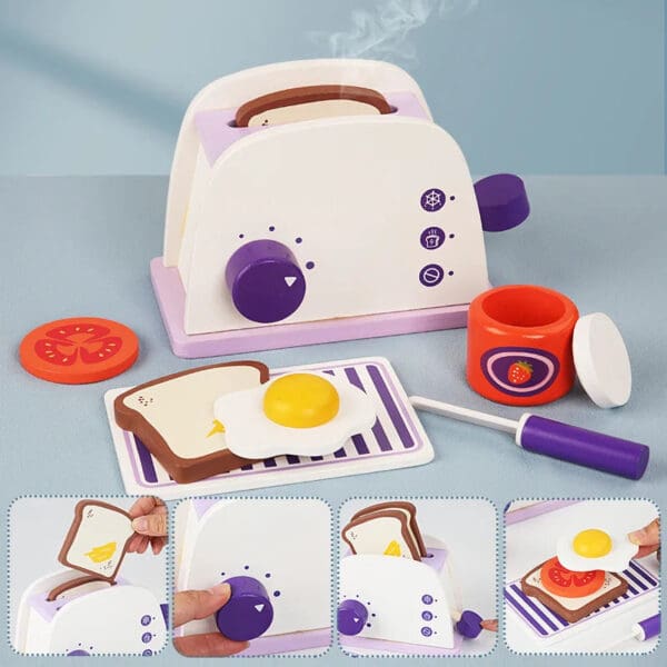 Wholesale Wooden Pretend Play Toys Purple Bread Machine Coffee Maker and Mixer Set Educational Toy for Kids Dropshipping - Image 4