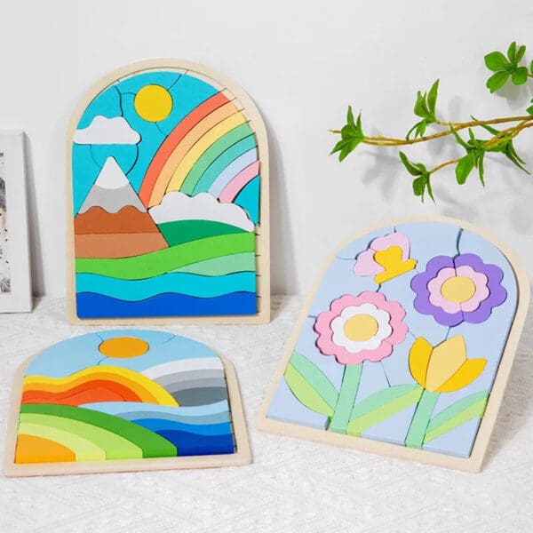 Wholesale Wooden Rainbow Jigsaw Puzzle Educational Toy for Kids 3D Color Cognition and Focus Training Matching Puzzle Fun