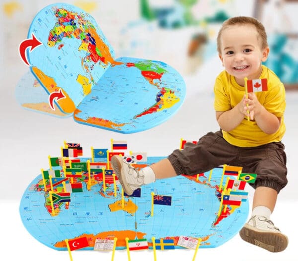 Wholesale Wooden World Map Toy 3D Educational Toy with 36 Country Flags for Kids Geographical Knowledge Dropshipping - Image 2