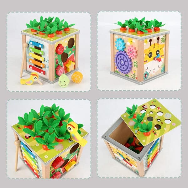 Wholesale Wooden Activity Cubes 6 in 1 Multifunctional Educational Toys Shape Matching Music and Pull Carrot for Kids - Image 3