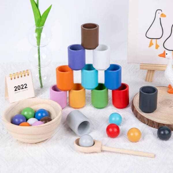 Wholesale Wooden Color Matching Game 12 Color Balls and Cups Preschool Educational Toys Montessori Aids for Kids - Image 2