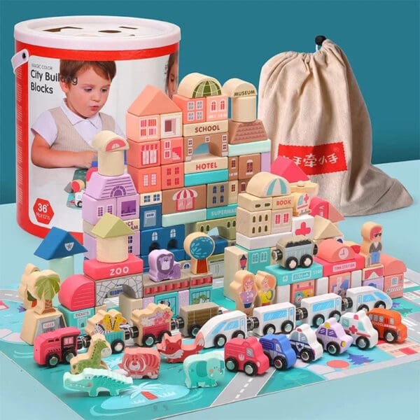 Wholesale Wooden Building Blocks Toy Macaron City Construction Blocks Educational Toy for Kids Montessori Urban Traffic Fun - Image 6