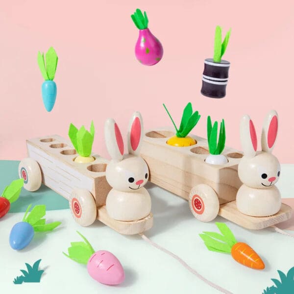 Wholesale Wooden Carrot Harvest Toy 2-in-1 Educational Toy for Kids Pulling Carrot Rabbit Cart and Matching Fruits Dropshipping - Image 2