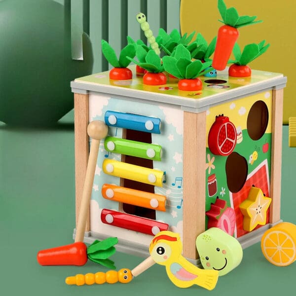 Wholesale Wooden Activity Cubes 6 in 1 Multifunctional Educational Toys Shape Matching Music and Pull Carrot for Kids