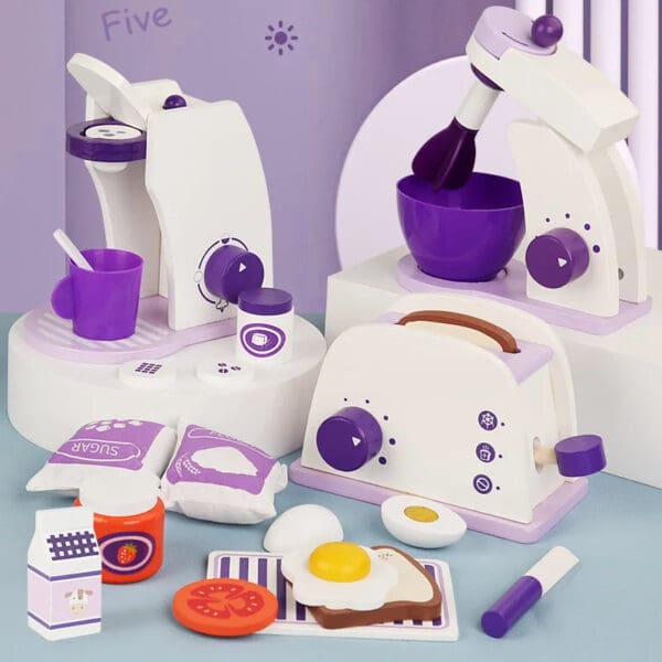 Wholesale Wooden Pretend Play Toys Purple Bread Machine Coffee Maker and Mixer Set Educational Toy for Kids Dropshipping