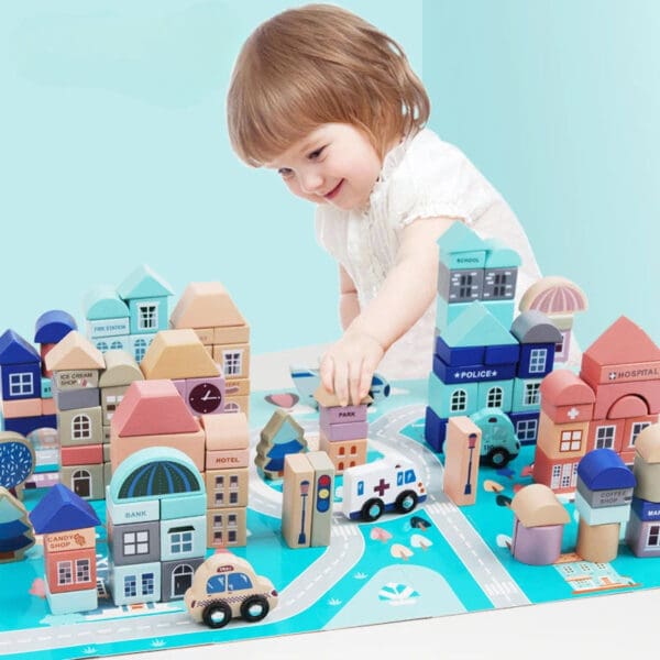 Wholesale Wooden Building Blocks Toy Geometric Shapes Assembled City Scenes Educational Toy for Kids Early Learning Block Fun