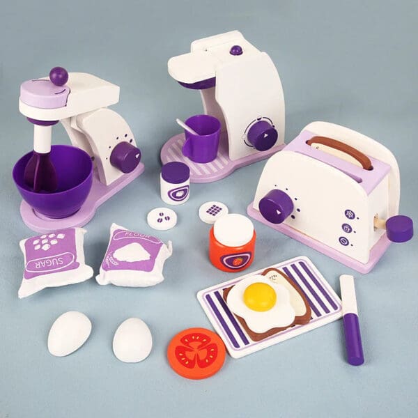 Wholesale Wooden Pretend Play Toys Purple Bread Machine Coffee Maker and Mixer Set Educational Toy for Kids Dropshipping - Image 3