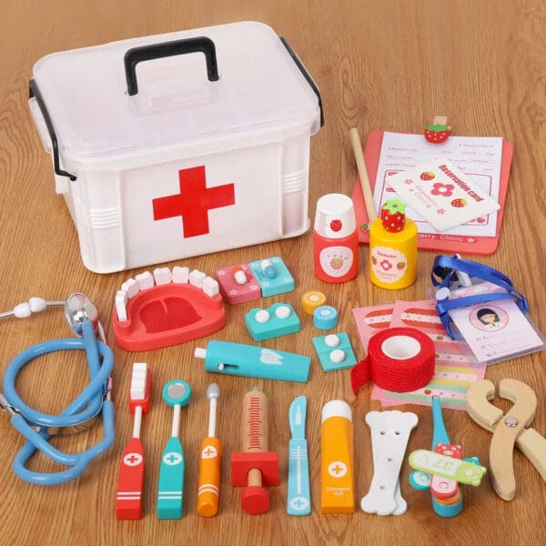 Wholesale Wooden Pretend Play Toys Simulation Doctor Medical Kit for Kids Role Playing Set Wooden Equipment for Boys and Girls