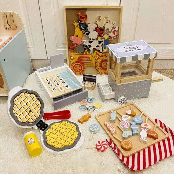 Wholesale Wooden Pretend Play Toys Popcorn Cart Candy Set Educational Kitchen Toy for Kids Early Learning Dropshipping