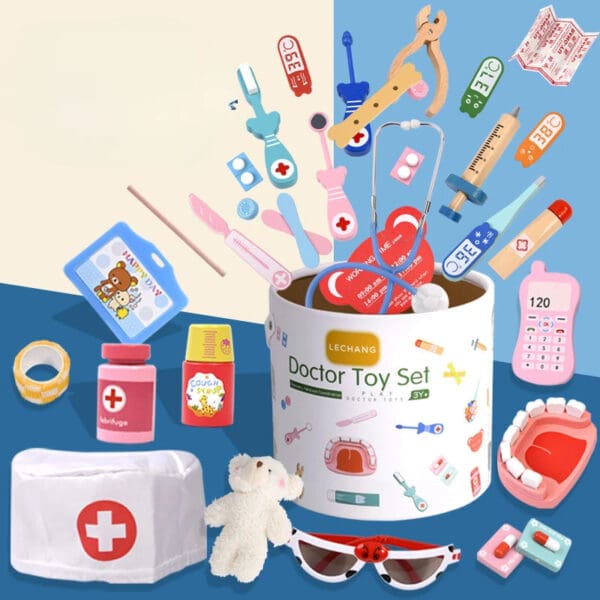 Wholesale Wooden Pretend Play Toys Bucket Doctor Play Set for Kids Role Playing Nurse Stethoscope Simulation Wooden Toys